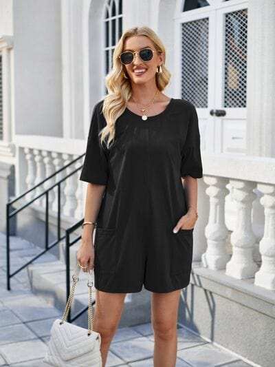 Backless Pocketed Round Neck Half Sleeve Romper - Trendsi - Flyclothing LLC
