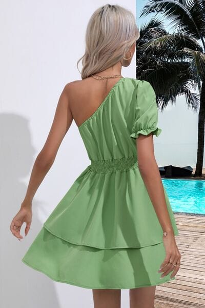 Layered Single Shoulder Flounce Sleeve Mini Dress - Trendsi