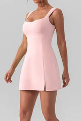 Square Neck Sleeveless Slit Mini Active Dress - Trendsi - Flyclothing LLC