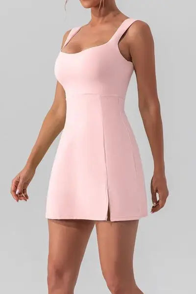 Square Neck Sleeveless Slit Mini Active Dress - Trendsi - Flyclothing LLC