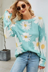Daisy Print Openwork Round Neck Sweater - Trendsi