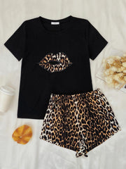 Leopard Lip Graphic Top and Shorts Lounge Set - Flyclothing LLC