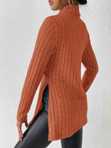 Ribbed Turtleneck Long Sleeve Slit T-Shirt - Trendsi - Flyclothing LLC