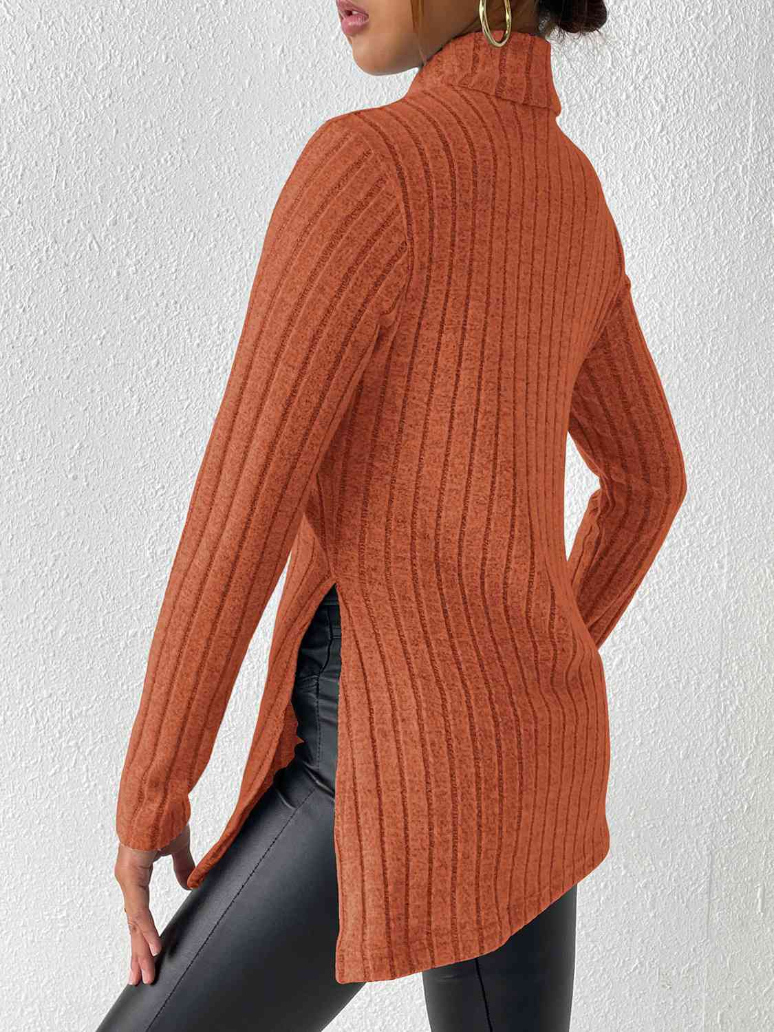 Ribbed Turtleneck Long Sleeve Slit T-Shirt - Trendsi - Flyclothing LLC
