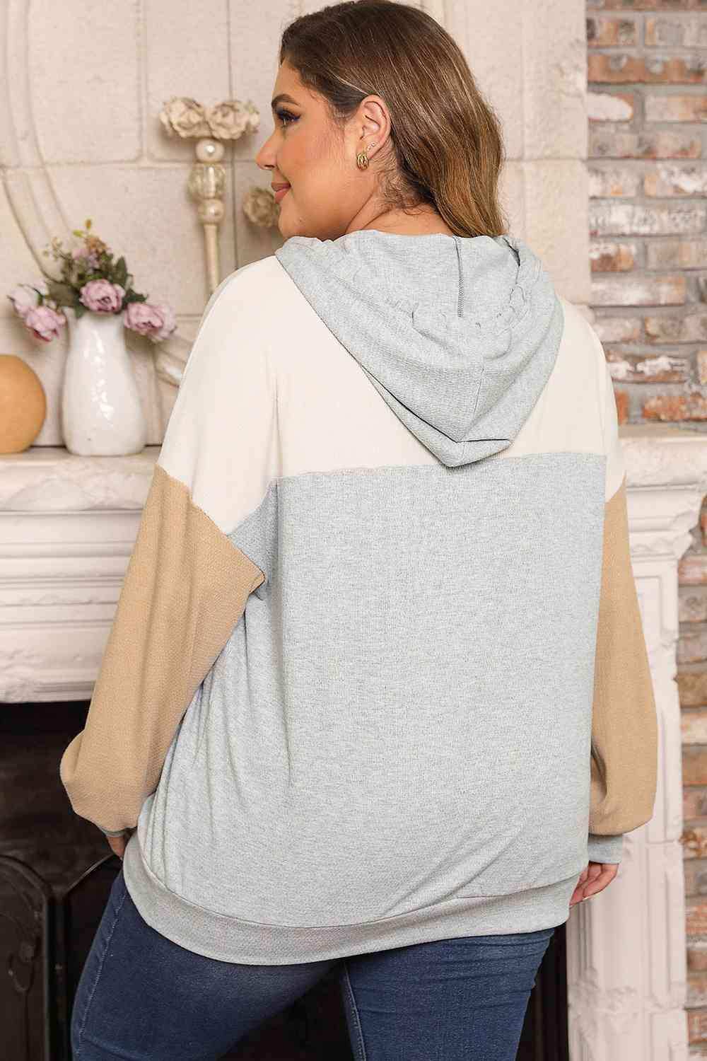 Plus Size Color Block Drawstring Long Sleeve Hoodie - Trendsi - Flyclothing LLC