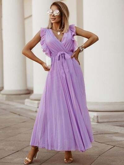 Tied Surplice Cap Sleeve Pleated Dress - Trendsi - Flyclothing LLC