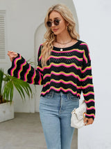 Round Neck Openwork Flare Sleeve Knit Top - Trendsi - Flyclothing LLC
