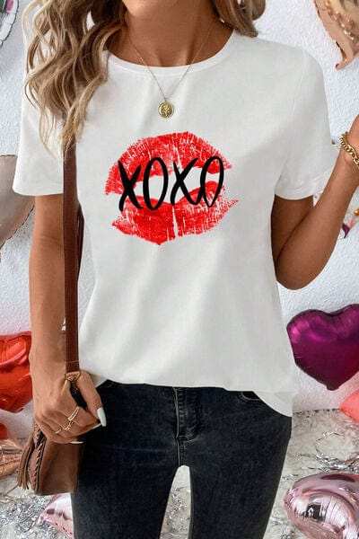 XOXO Lip Graphic Round Neck T-Shirt - Trendsi - Flyclothing LLC