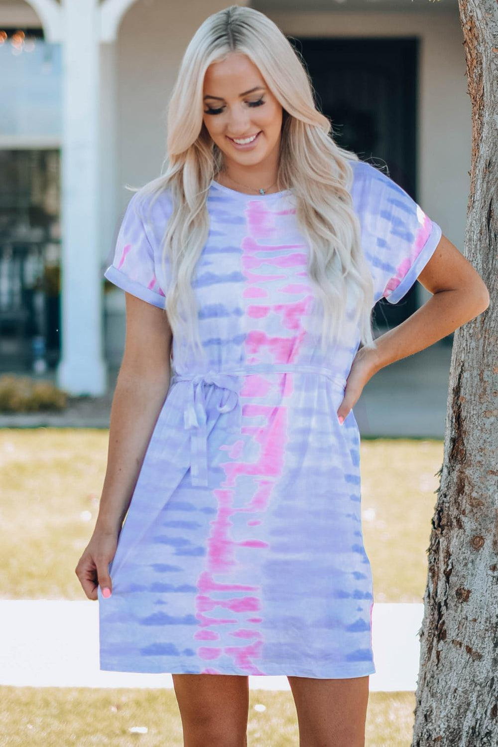Women Tie-Dye Belted T-Shirt Dress - Flyclothing LLC
