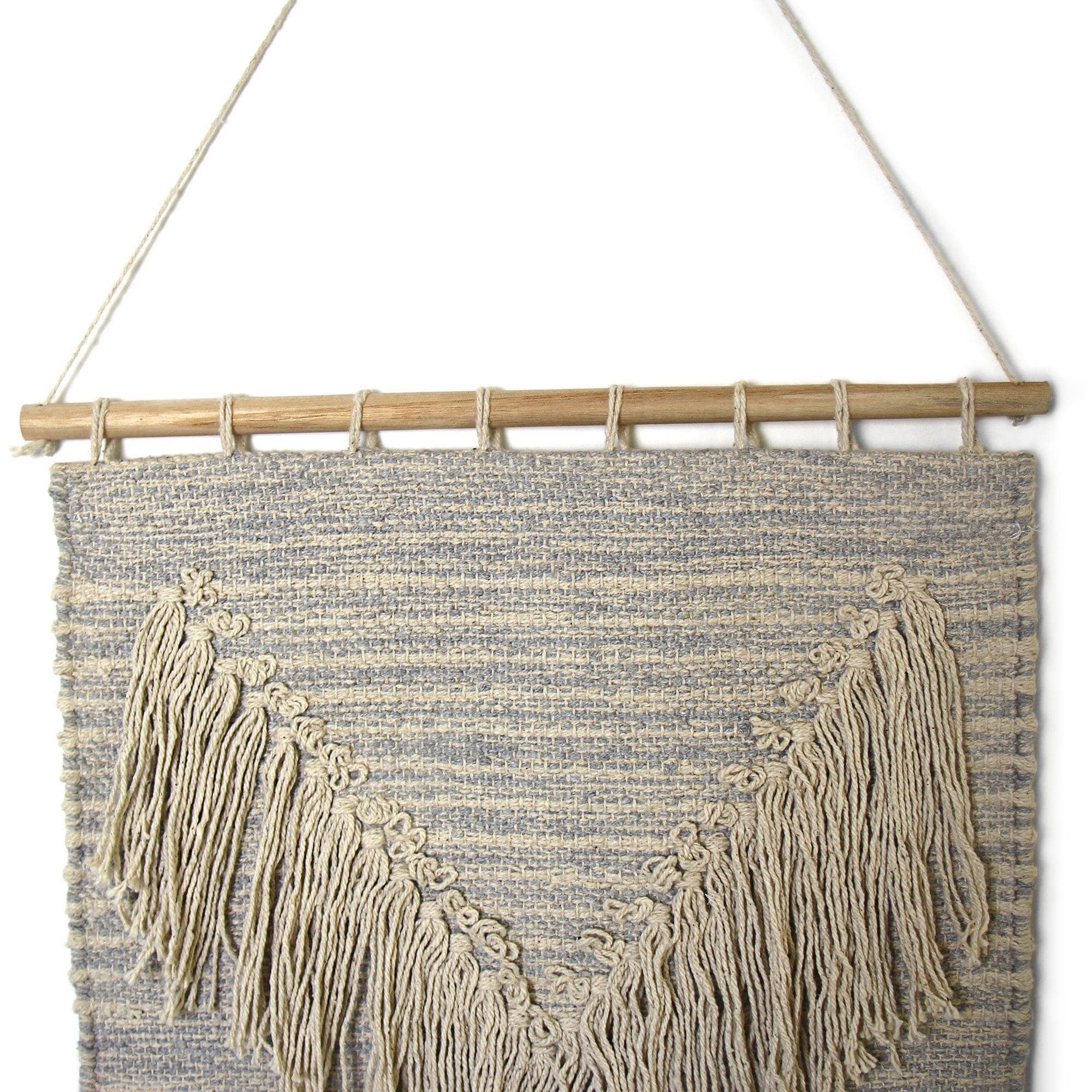 Handwoven Boho Wall Hanging, Blue Grey with Cream Fringe - Asha Handicrafts
