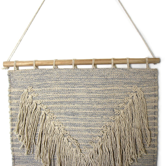 Handwoven Boho Wall Hanging, Blue Grey with Cream Fringe - Asha Handicrafts