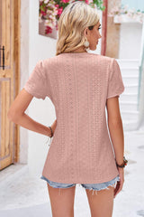 Eyelet V-Neck Petal Sleeve T-Shirt - Trendsi - Flyclothing LLC