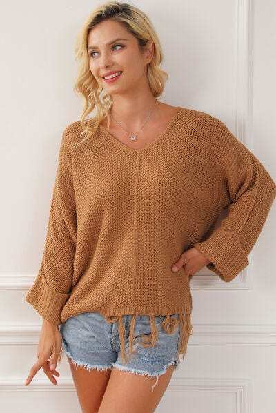 Fringe V-Neck Long Sleeve Sweater - Trendsi - Flyclothing LLC
