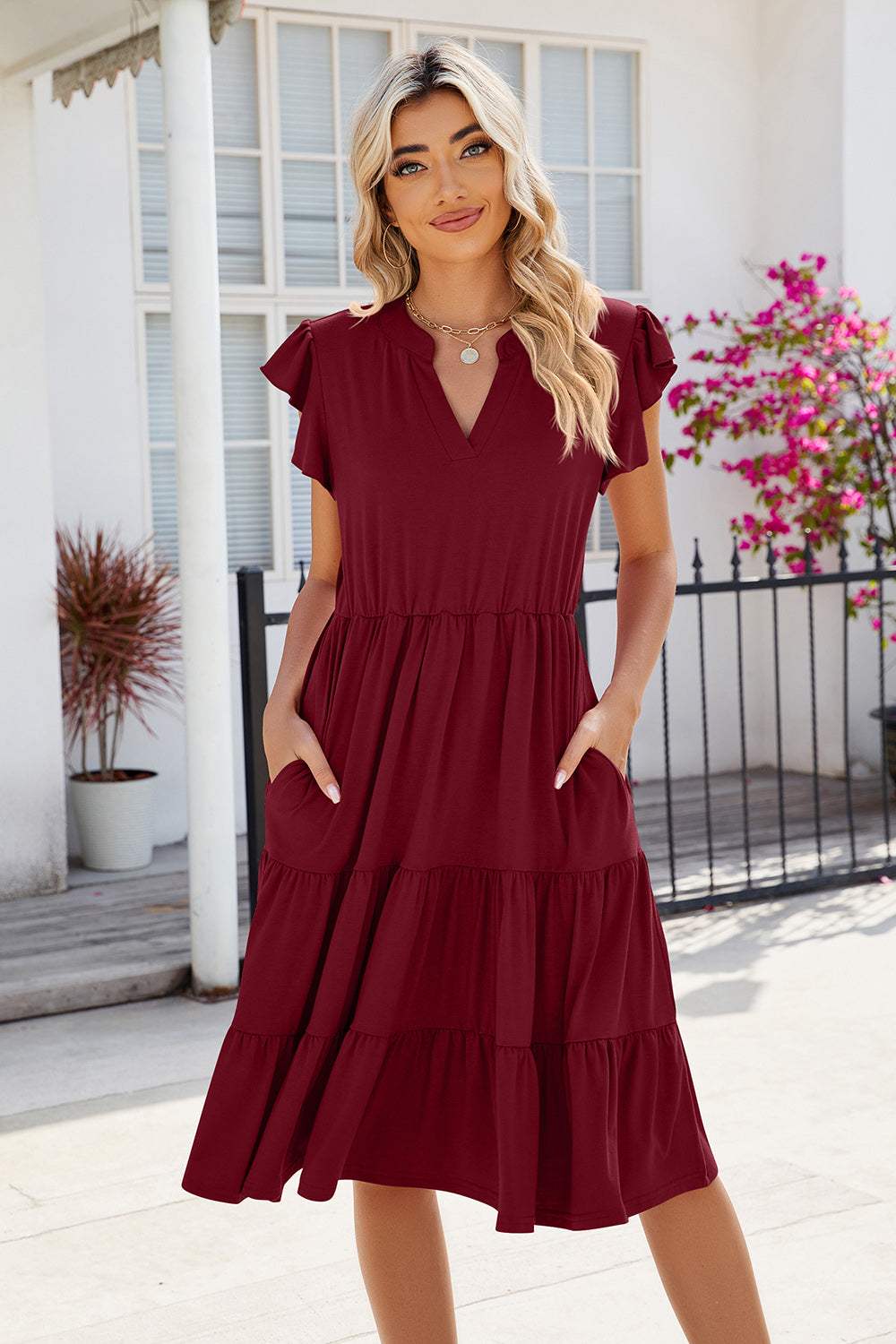 Ruched Notched Cap Sleeve Dress - Trendsi - Flyclothing LLC