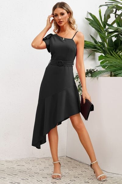Ruffled Asymmetrical Neck Flutter Sleeve Dress - Trendsi