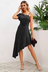 Ruffled Asymmetrical Neck Flutter Sleeve Dress - Trendsi