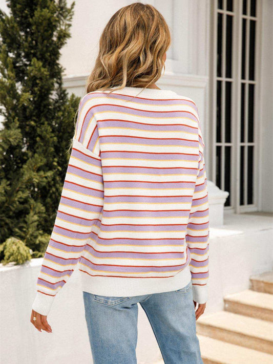Striped Drop Shoulder Knit Top - Trendsi - Flyclothing LLC