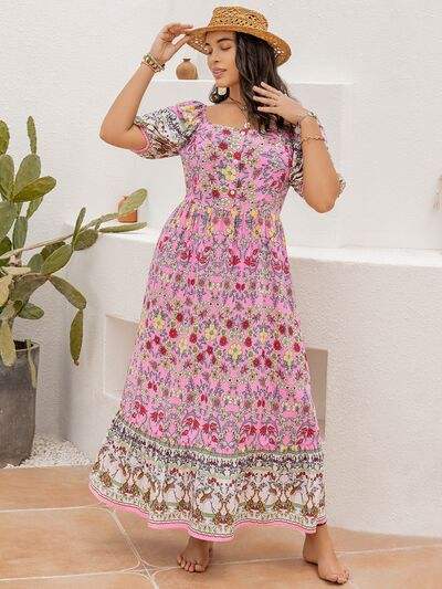 Plus Size Printed Square Neck Ruffle Hem Dress - Trendsi - Flyclothing LLC