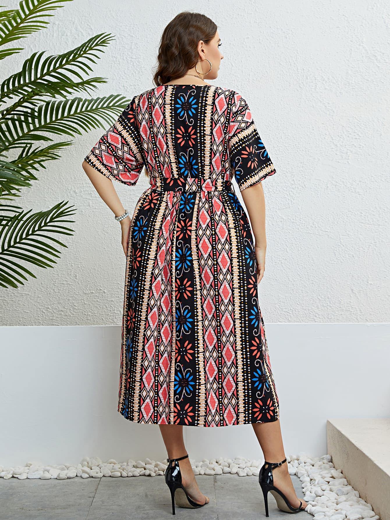 Plus Size Bohemian V-Neck Tie Belt Midi Dress - Trendsi