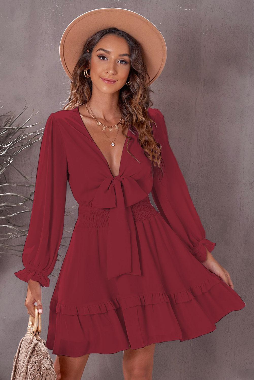 Tied Plunge Smocked Waist Flounce Sleeve Dress - Flyclothing LLC