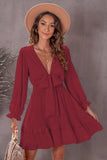 Tied Plunge Smocked Waist Flounce Sleeve Dress - Trendsi - Flyclothing LLC