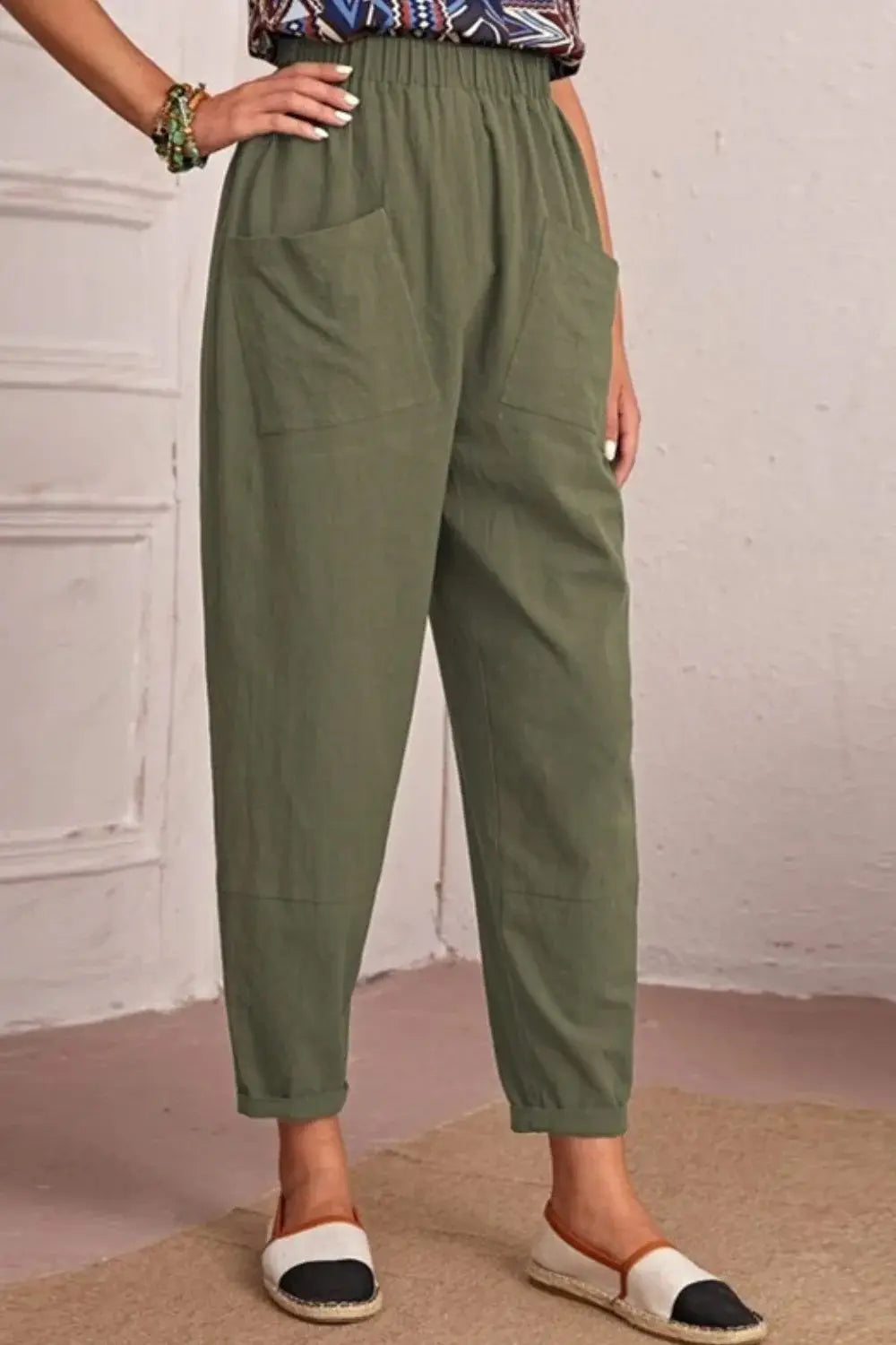 Elastic Waist Pocket Tapered Pants - Trendsi - Flyclothing LLC