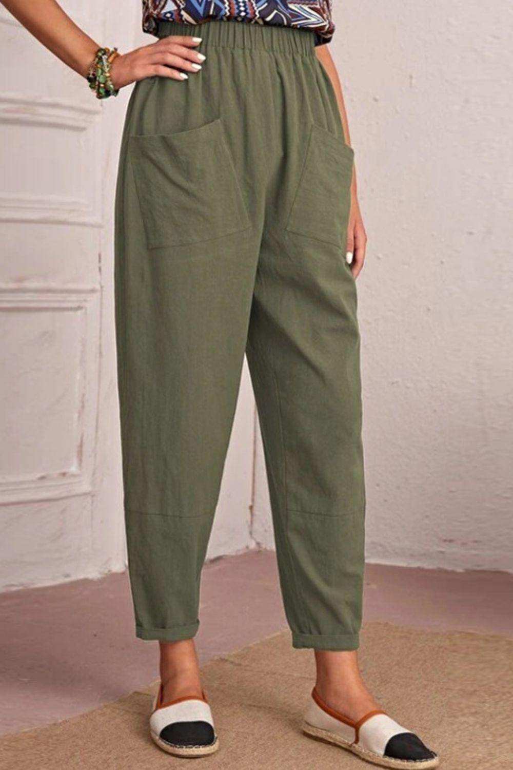 Elastic Waist Pocket Tapered Pants - Trendsi - Flyclothing LLC