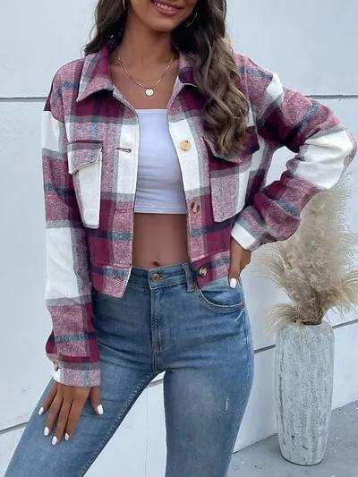 Plaid Button Up Drop Shoulder Cropped Jacket - Trendsi - Flyclothing LLC