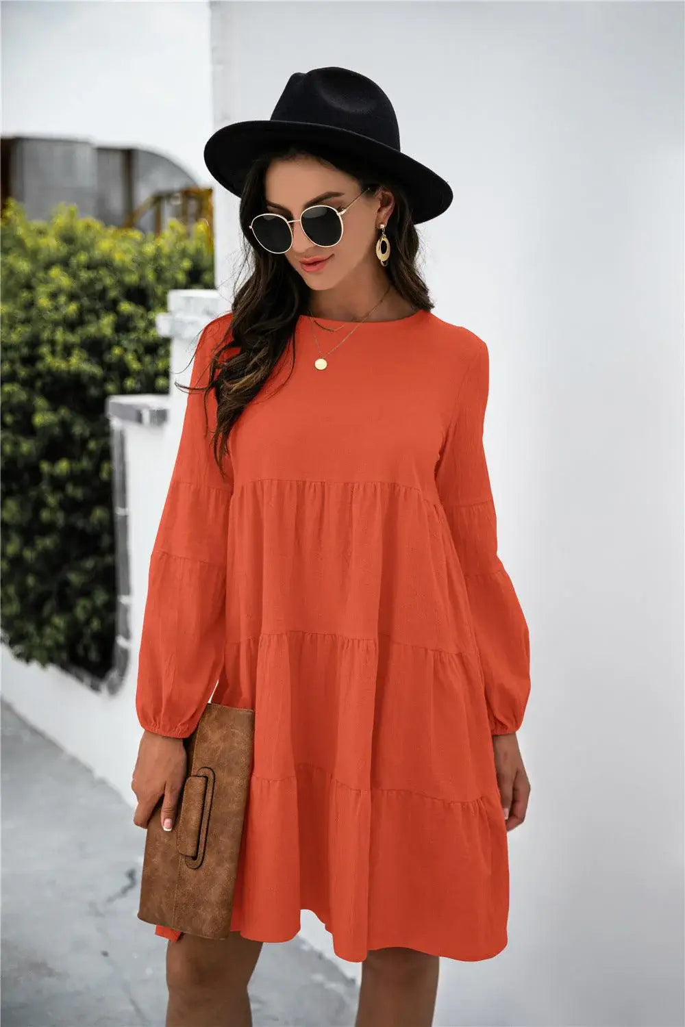 Balloon Sleeve Keyhole Tiered Dress - Trendsi - Flyclothing LLC