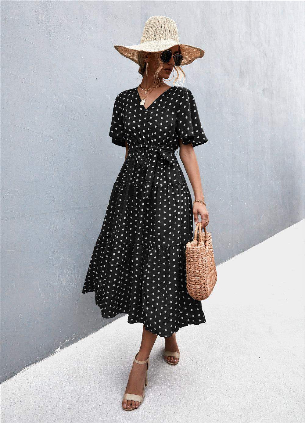 Printed V-Neck Flutter Sleeve Belted Dress - Trendsi - Flyclothing LLC