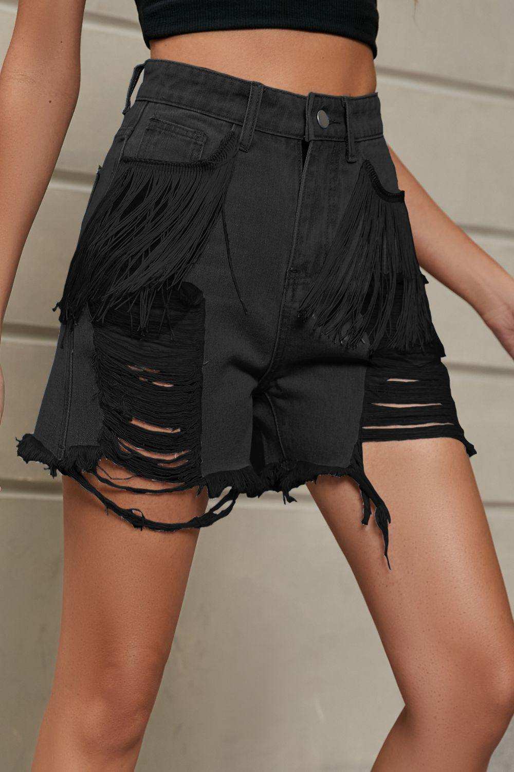 Fringe Trim Distressed Denim Shorts with Pockets - Trendsi - Flyclothing LLC