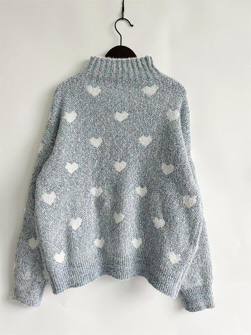 Heart Heathered Turtleneck Drop Shoulder Sweater - Trendsi