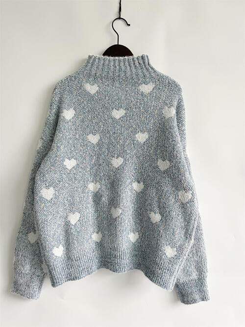 Heart Heathered Turtleneck Drop Shoulder Sweater - Trendsi - Flyclothing LLC