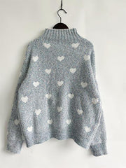 Heart Heathered Turtleneck Drop Shoulder Sweater - Trendsi