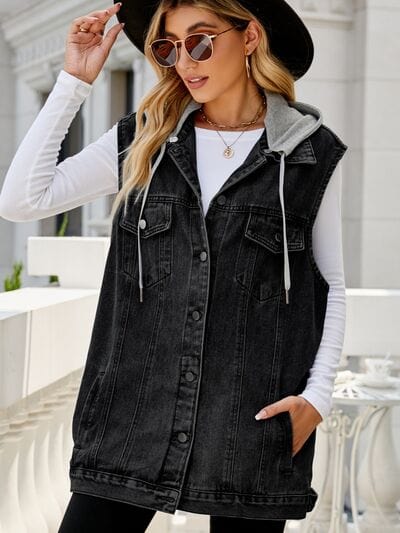 Drawstring Pocketed Button Up Sleeveless Denim Jacket - Trendsi