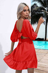 Square Neck Tie Back Ruffle Hem Dress - Trendsi - Flyclothing LLC