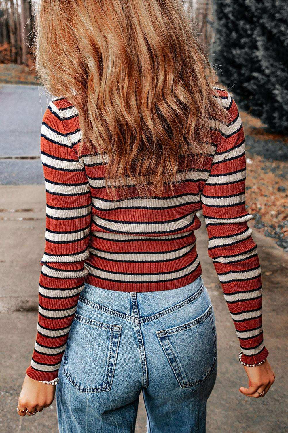 Striped Round Neck Long Sleeve Top - Trendsi - Flyclothing LLC