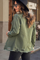 Distressed Snap Down Denim Jacket - Trendsi