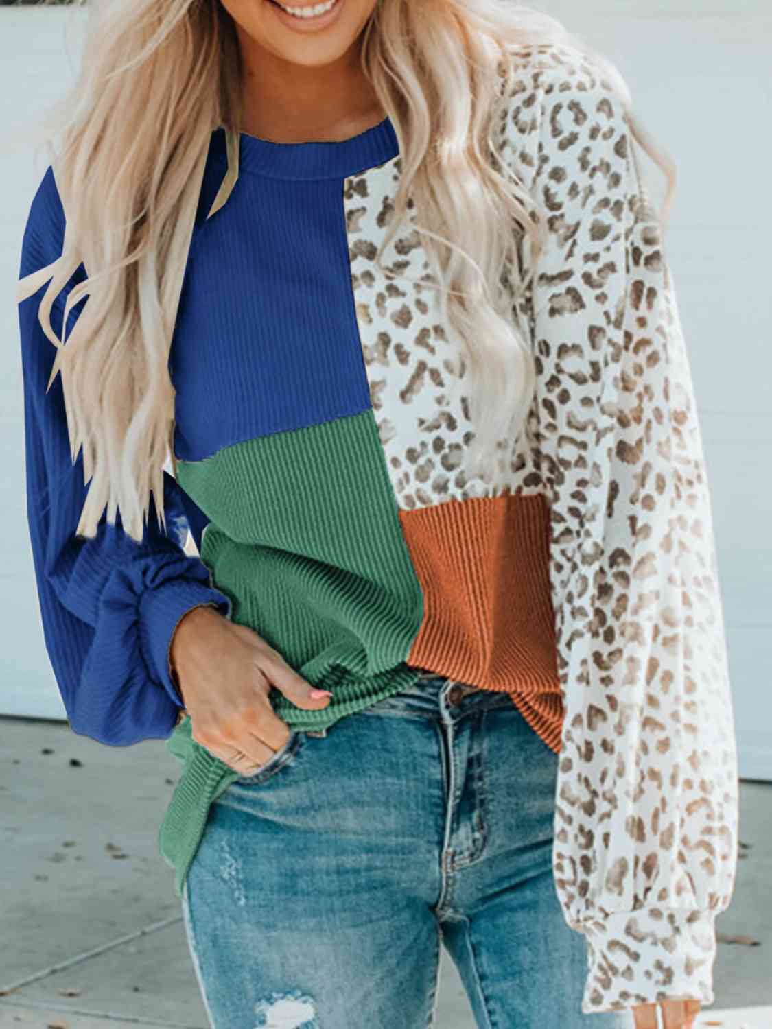 Color Block Leopard Round Neck Sweatshirt - Trendsi - Flyclothing LLC