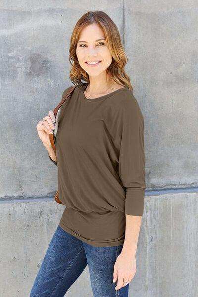 Basic Bae Full Size Round Neck Batwing Sleeve Blouse - Trendsi - Flyclothing LLC