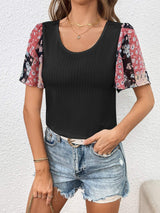 Printed Puff Sleeve Round Neck Tee - Trendsi - Flyclothing LLC