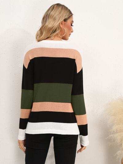 Striped Round Neck Dropped Shoulder Sweater - Trendsi - Flyclothing LLC