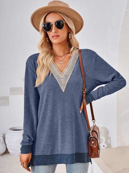 Crochet Contrast V-Neck Long Sleeve Slit T-Shirt - Trendsi - Flyclothing LLC