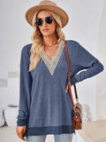 Crochet Contrast V-Neck Long Sleeve Slit T-Shirt - Trendsi