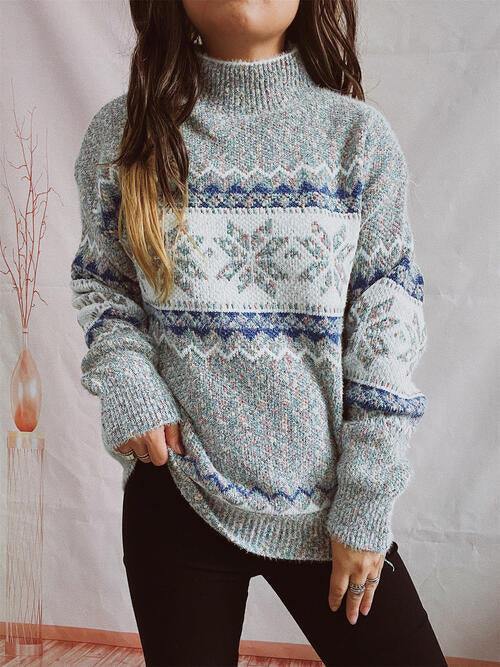 Geometric Mock Neck Dropped Shoulder Sweater - Trendsi