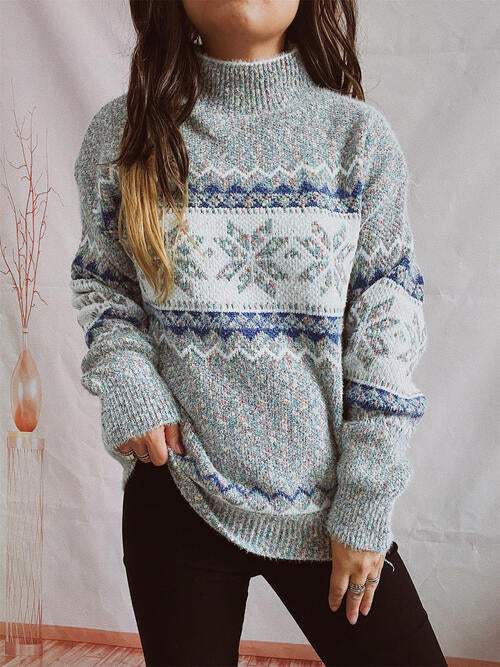 Geometric Mock Neck Dropped Shoulder Sweater - Trendsi - Flyclothing LLC