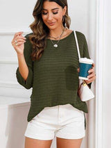 Rolled Round Neck Dropped Shoulder Slit Sweater - Trendsi - Flyclothing LLC