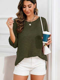 Rolled Round Neck Dropped Shoulder Slit Sweater - Trendsi - Flyclothing LLC