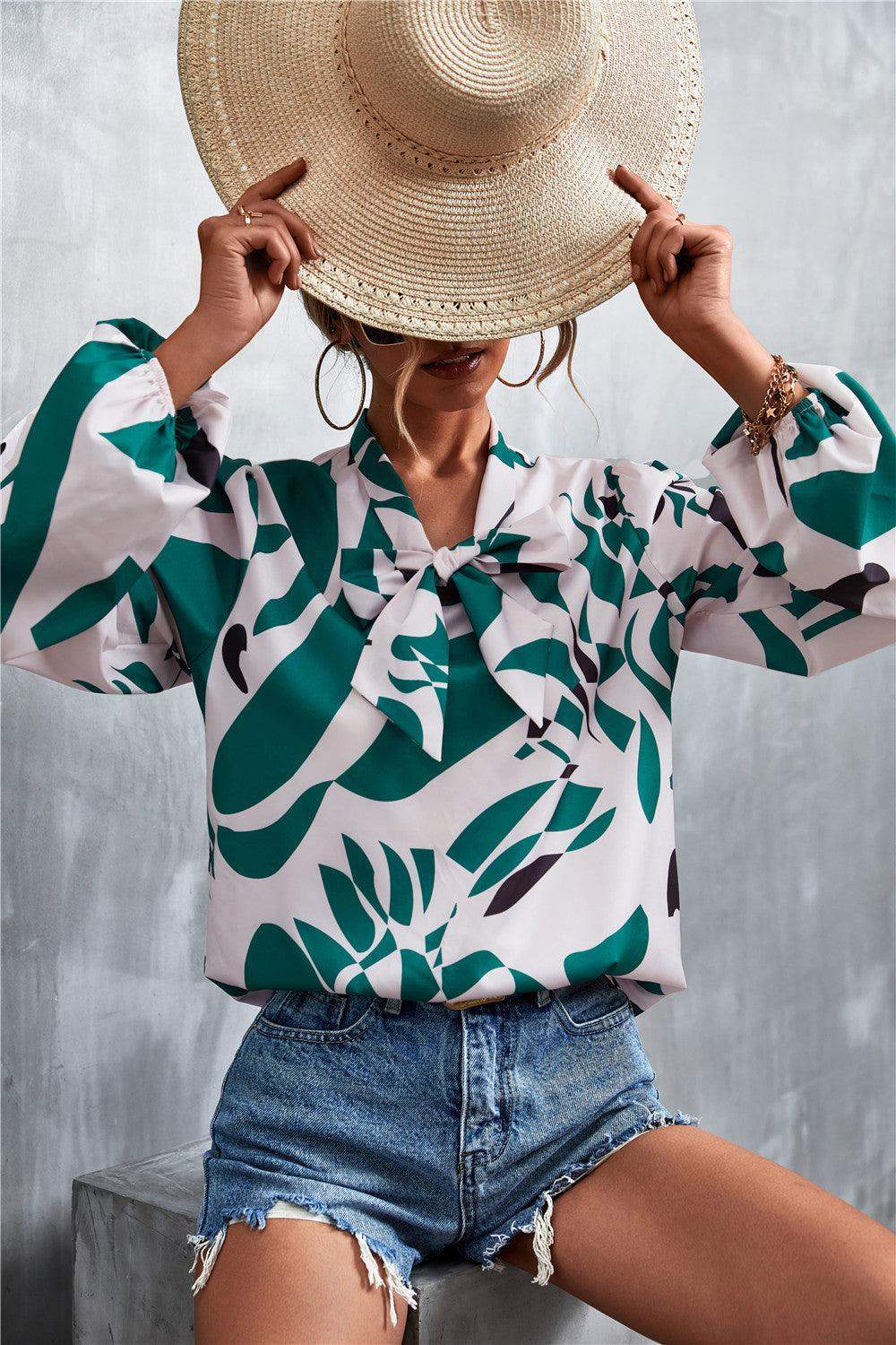 Printed Tie Neck Puff Sleeve Blouse - Trendsi - Flyclothing LLC