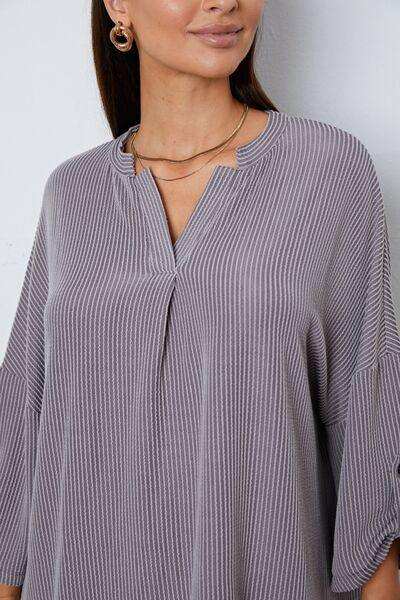 Notched Roll-Tab Sleeve Blouse - Trendsi - Flyclothing LLC